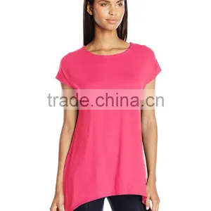 Women's Scoop Neck Short Sleeve Sharkbite Hem Comfy Knit 100% Cotton Tunic Top thumbnail-3