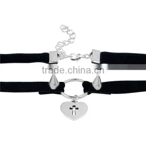 Velveteen Halloween Choker Necklace Antique Silver Black Heart Cross 34cm Long thumbnail-3