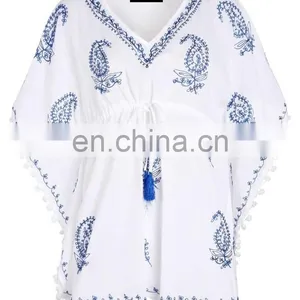 2015 Wholesale EMBROIDERED POM POM TRIM KAFTAN Slim Embroidered Poncho/ Short Kaftan For Women Summer Wear thumbnail-3