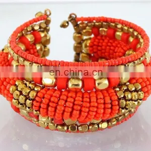 Orange Pearl Beaded Wholesale Fashion Cuff Bracelets-Indian Imitation Costume Cuff Bracelet-party Wear Cuff Bracelet thumbnail-1