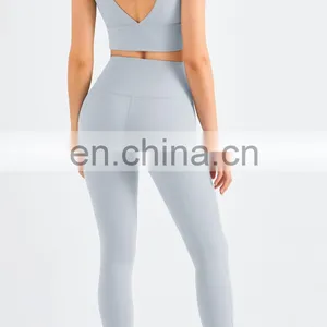 Custom Deep V Back Bra Match Crotchless Leggings 2pcs Yoga Suit Set Women Sports Gym Tracksuit Ladies Gym Fitness Sets thumbnail-3