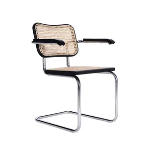 Mid-Century Modern Cesca Armchair, Marcel Breuer Replica Rattan Dining Chair With Polished Chrome Steel Frame for Commercial & Home Use thumbnail-5