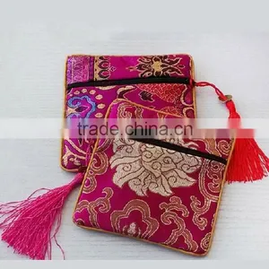 Zipper Embroidery Red Satin Pouch thumbnail-1