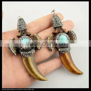 LFD-0093P ~ Wholesale OX / Bull Bone Carved Charm Pendants Necklace Crystal Rhinestone With Turquoise Paved Fashion Jewelry thumbnail-1