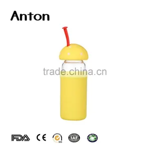 13oz Clear Round Empty Glass Water New Design Glass Water Bottle With Mushroom Shape Lid thumbnail-1