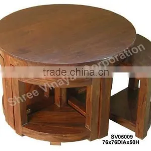 Wooden Coffee Table With 4 Nested Stools thumbnail-1
