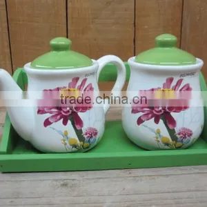 Ceramic Milk Pot and Sugar Bowl Set With Wood Base thumbnail-1