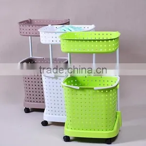 Plastic Two Layers Laundry Basket Bathroom Shelves With Wheels thumbnail-1