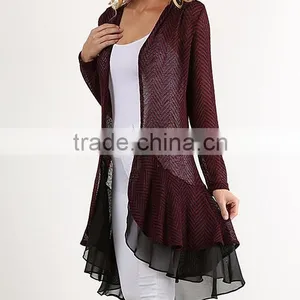 Stylish Girls Women Fashion Burgundy Layered Open Cardigan With Ruffle Hem Polyester Rayon Spandex Cardigan Wholesale thumbnail-4