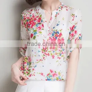 Vintage Floral Printed Chiffon Lady Shirts Woman Casual Shirts thumbnail-1