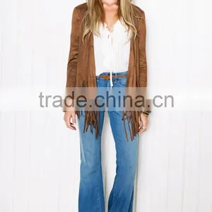 Leather Jacket Women Fringed Leather, Yellow Leather Tassels Long Sleeve Jacket 2017 thumbnail-1