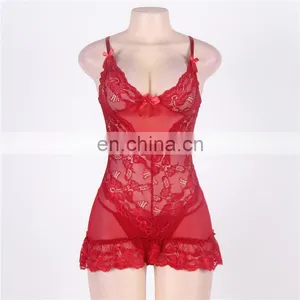 Fashionable Red Short Satin Mature Sexy Nightgown thumbnail-4