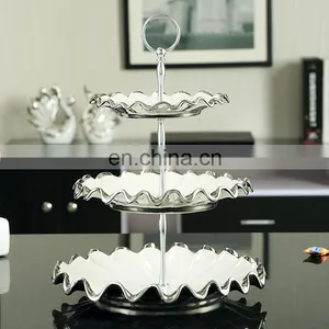 Custom Royal Style Restaurant Decor Three-tier Cake Fruit Stand Silver-plated Ceramic Dining Table Decoration thumbnail-1