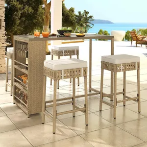 5 Piece Beige Rattan Wicker Bar Set, Patio Dining Furniture, Wine Glass Holder and 4 Bar Stools thumbnail-1