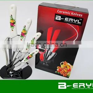 BERYL Applique Ceramic Handle 6pcs Gift Set , 3"/4"/5"/6"+peeler+Knife Holder Ceramic Knives Set, White Blade, CE FDA Certified thumbnail-1