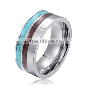 New Wedding Ring Yibi Blue Emerald Stone Wooden Inlay Latest Gold Finger Ring Designs Mens Tungsten Carbide Pary Jewelry Bands thumbnail-2