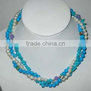 3 Rows 6-10mm Natural Turquoise & Pearls Necklace thumbnail-1