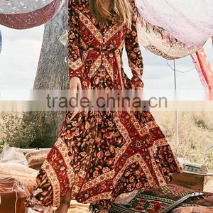 Bohemian Front Button Down Vintage Long Sleeve One Piece Maxi Dress HSd5170 thumbnail-3