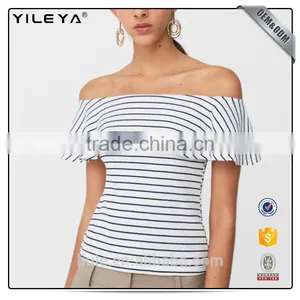 New Arrivals Fashion Striped Ruffled Trim Accordion Pleated Mature Ladies Blouse thumbnail-1