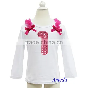 Girls Bling Hot Pink 1st Birthday White Long Sleeves Tee 1-7Y thumbnail-1