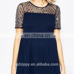 Short Sleeve Bead Top Detail Navy Chiffon Maxi Fashion Maternity Prom Dress thumbnail-5