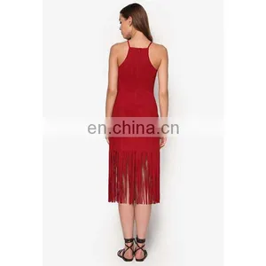 Love Suede Fringe Hem Dress Square Neckline Sleeveless Fashion Apparel Women Dresses Sexy thumbnail-4