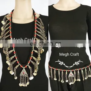 Large Vintage Kuchi Tribal Old Long Necklace Set -Vintage BOHO Hippie Waist Belt Necklace Set Megh Craft thumbnail-1