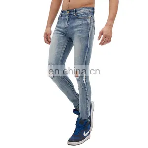 DiZNEW Medium Blue Wash Destroyed Denim Jeans Online Wholesale High Quality Mens Cut Jeans thumbnail-5