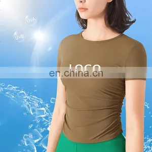 Ribbed Side Fold Short Sleeve T-shirts Women Fitness Gym Yoga Top Anti-UV Sunscreen Shirt Outdoor Running Training Wear Clothes thumbnail-1