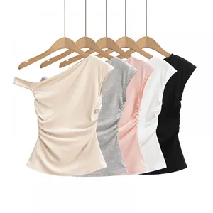 Sunset Women's Summer Vest 2025 Spring and Summer Design Sense Oblique Shoulder Fold Waist Irregular T-shirt Top Women thumbnail-2