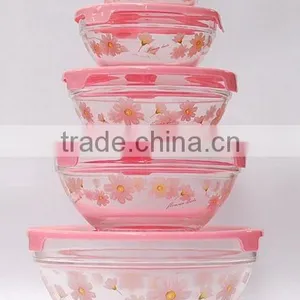 Glass Bowl Set With Flowers Printed thumbnail-1