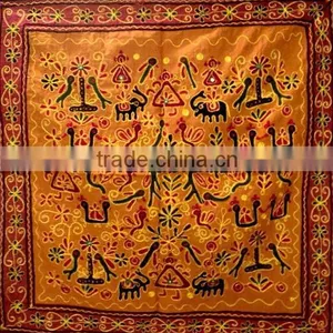 STUNNING INDIAN FOLK RARE GUJRAT TRIBAL SARI EMBROIDERED TAPESTRY thumbnail-1