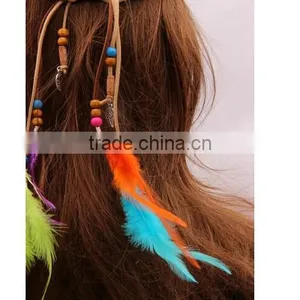 Women Girl Bohemian Boho Fashion Handmade Multicolor Feather and Gold Leaves Pendants Hairband thumbnail-3