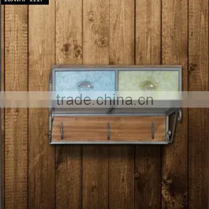 2 Drawers Wood Top Metal Frame Wall Hanging Cabient With 3 Hooks thumbnail-1