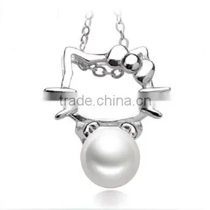 925 Sterling Silver Chain Cat Style Charm Natural Pearl Pendent Necklace thumbnail-1