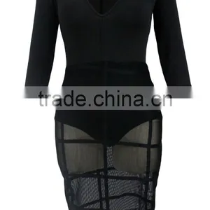Women Long Sleeve Deep V Neck Sheer Mesh Bodycon Bodysuit Dress Club Party thumbnail-3