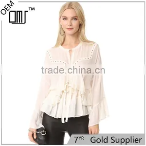 2017 OEM Lightweight Lace Trim Hem Wrapped Body Chiffon Blouse thumbnail-1