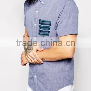 2015 Breathable Cotton Cool Cotton Shirt With Contrast Pocket Short Sleeves Embroidered Men Short Sleeve Shirts thumbnail-2