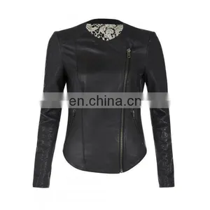 Bhira Black Collarless Brando Style Womens Biker Motorcycle Genuine Leather Jacket All Sizes thumbnail-1