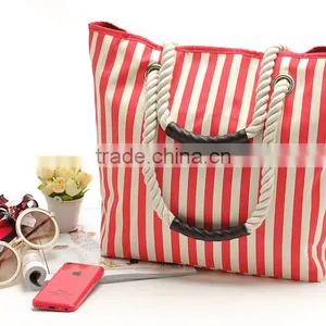 Wholesale Red and White Vertical Stripes Canvas Beach Tote Bag; Red and White Striped Large Canvas Beach Tote Bag thumbnail-1