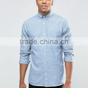 Guangzhou Custom Pre-Shrunk Long Sleeve Spread Collar 55% Linen 45% Cotton Regular Fit Casual Blue Solid Mens Shirts thumbnail-1
