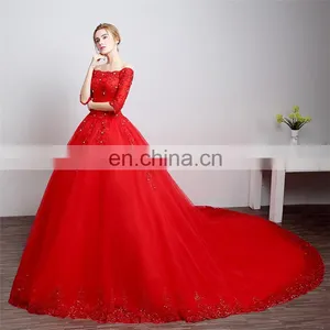 HS1608 Vintage Lace Ball Gown Train Red Wedding Dress thumbnail-4