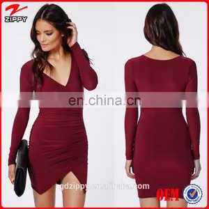 2014 Wholesale Sexy Summer Burgundy Deep V-Neck Mini Bandage Bodycon Dress For Ladies thumbnail-1