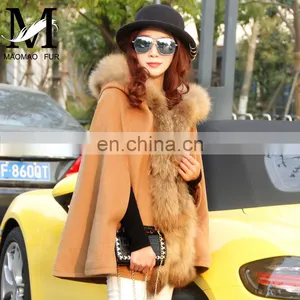 Great Quality Wool Shawl Coat Genuine Raccoon Fur Cape With Fur Hood thumbnail-2