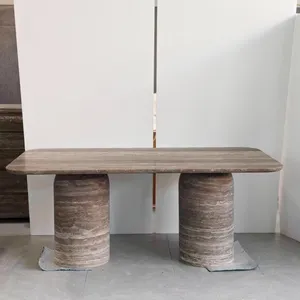 Natural Premium Light-Luxury Silver Grey Travertine Marble Stone Dining Coffee Tea Table for Villas Hotels and Homes thumbnail-1