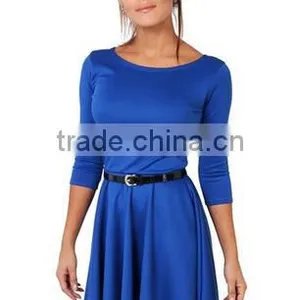 Womens 3/4 Sleeve Belted Flare Skater Dress Pleated Slimming Mini Tunic thumbnail-4