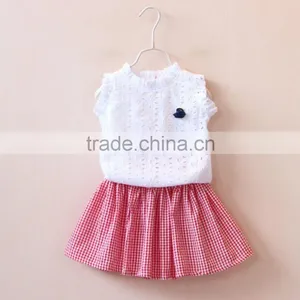 Wholesale Suits Baby Girls White Hollow Tops and Plaid Short Skirt Two Piece Suit thumbnail-1