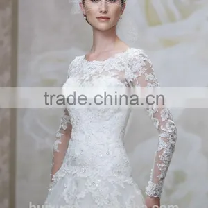 White Satin A-line Long Sleeve Lace Wedding Dress 2016 thumbnail-2