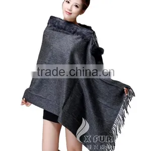 CX-B-P-34C Fur Trimmed Cape Fashion Cashmere Scarf thumbnail-5