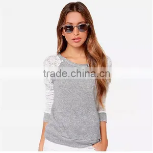 5 Size Choice Women Grey Fashion O Neck Backless Latest Lace Stitching Long Sleeve t Shirt Design thumbnail-1
